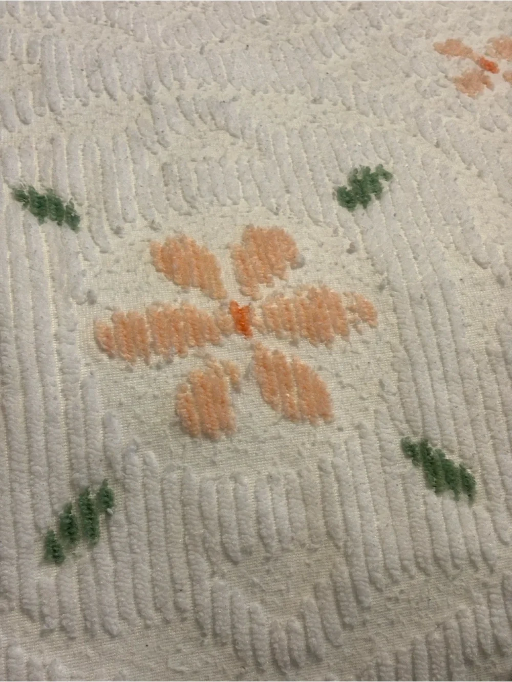 MCM White Chenille Floral Bedspread Peach Coral Green Flowers Queen Full Fringe